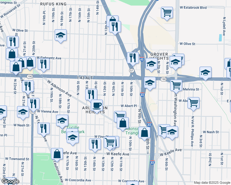 map of restaurants, bars, coffee shops, grocery stores, and more near 3836 North 12th Street in Milwaukee