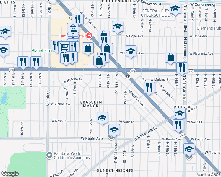 map of restaurants, bars, coffee shops, grocery stores, and more near 3856 North 52nd Street in Milwaukee
