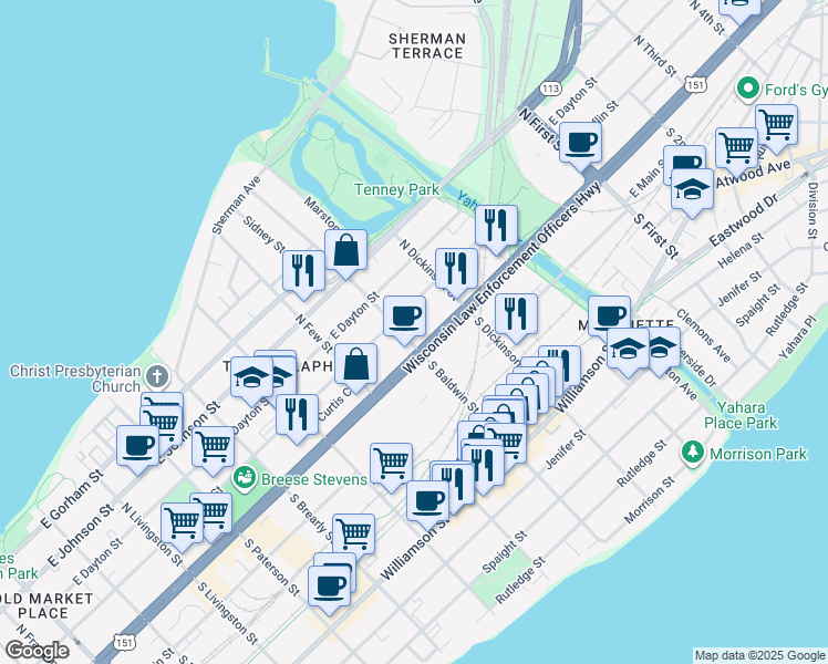 map of restaurants, bars, coffee shops, grocery stores, and more near 20 North Baldwin Street in Madison
