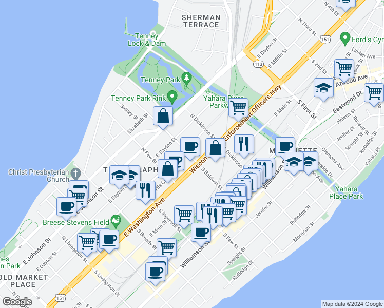 map of restaurants, bars, coffee shops, grocery stores, and more near 20 North Baldwin Street in Madison