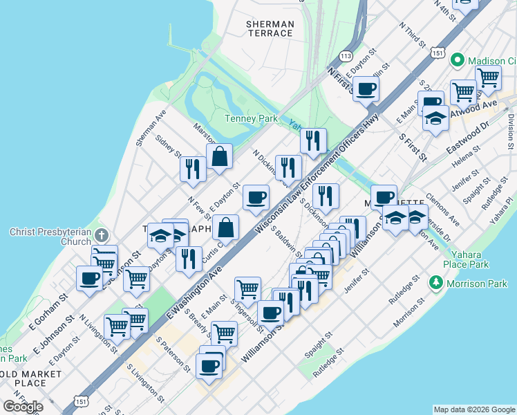 map of restaurants, bars, coffee shops, grocery stores, and more near 20 North Baldwin Street in Madison