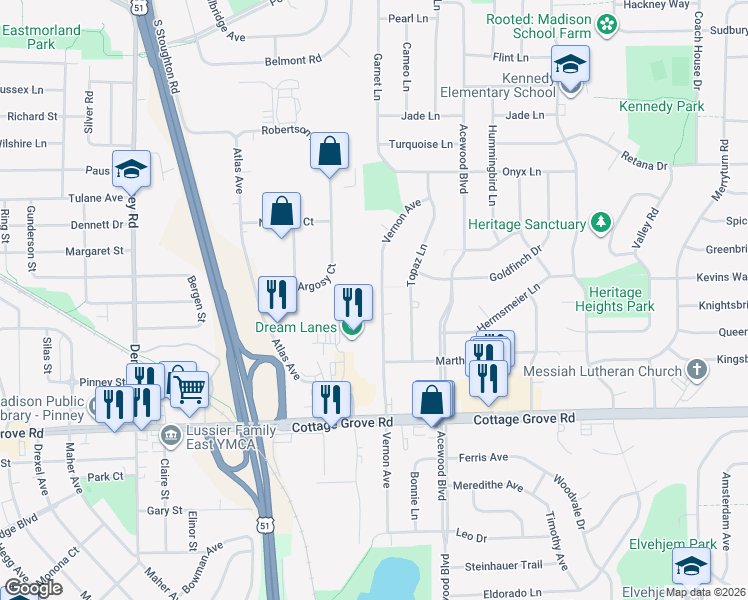 map of restaurants, bars, coffee shops, grocery stores, and more near 714 Vernon Avenue in Madison