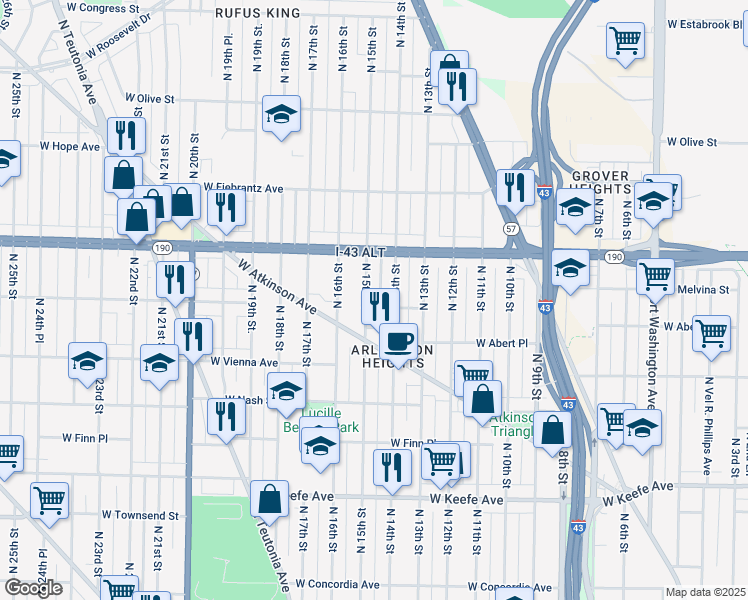 map of restaurants, bars, coffee shops, grocery stores, and more near 3873 North 15th Street in Milwaukee