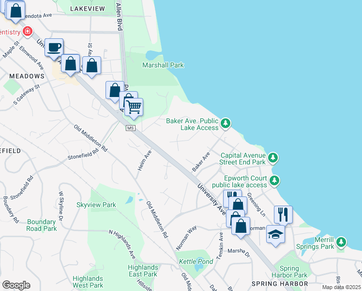 map of restaurants, bars, coffee shops, grocery stores, and more near 1725 Camelot Drive in Madison