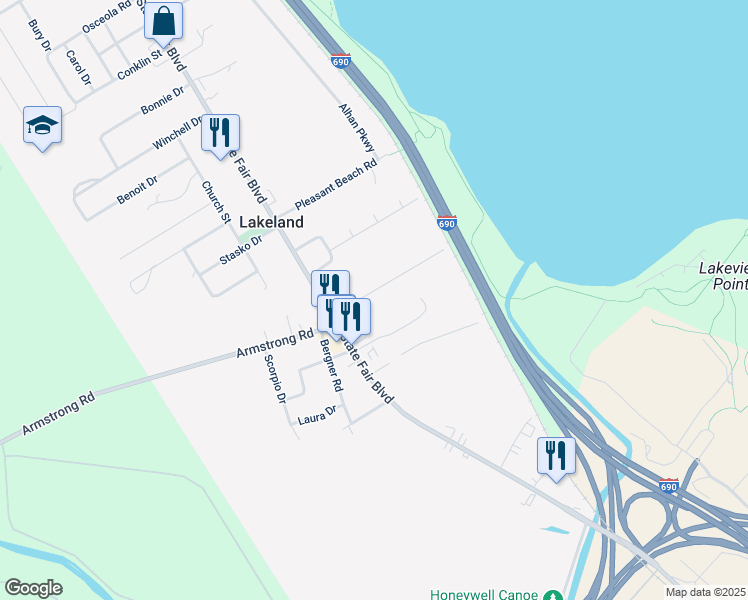map of restaurants, bars, coffee shops, grocery stores, and more near 18 Regatta Row in Syracuse