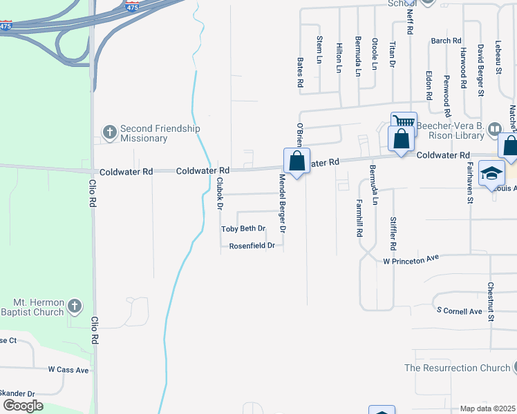 map of restaurants, bars, coffee shops, grocery stores, and more near 2256 Kevin David Drive in Flint
