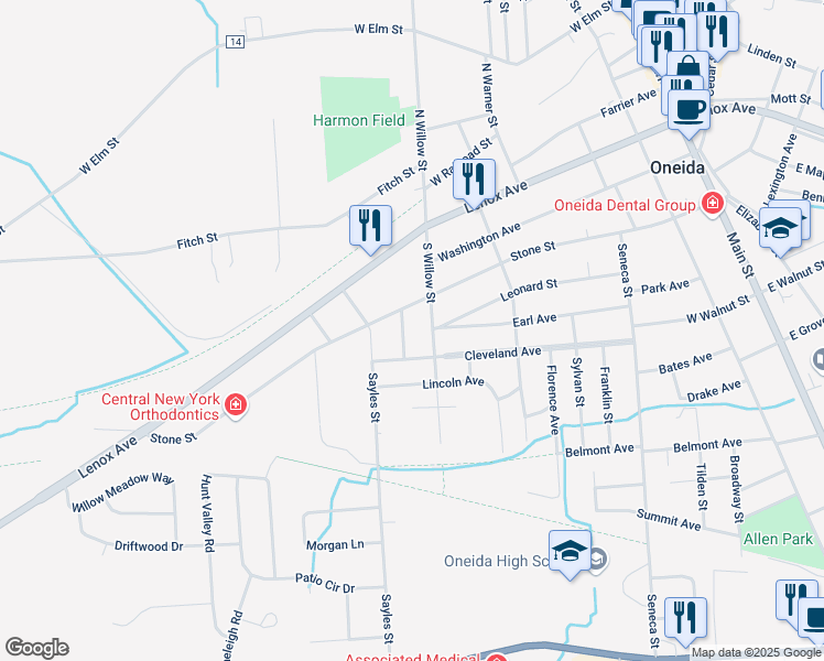 map of restaurants, bars, coffee shops, grocery stores, and more near 321 Carpenter Street in Oneida