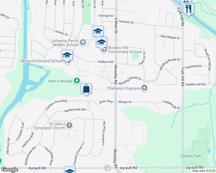 map of restaurants, bars, coffee shops, grocery stores, and more near 71 Great Wood Circle in Fairport