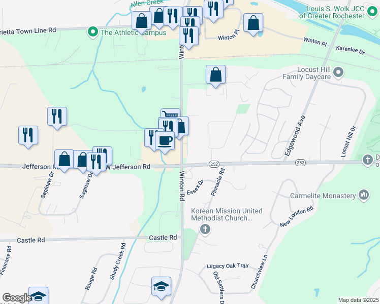 map of restaurants, bars, coffee shops, grocery stores, and more near 3258 South Winton Road in Rochester