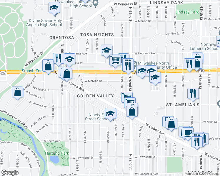 map of restaurants, bars, coffee shops, grocery stores, and more near 3921 North 94th Street in Milwaukee