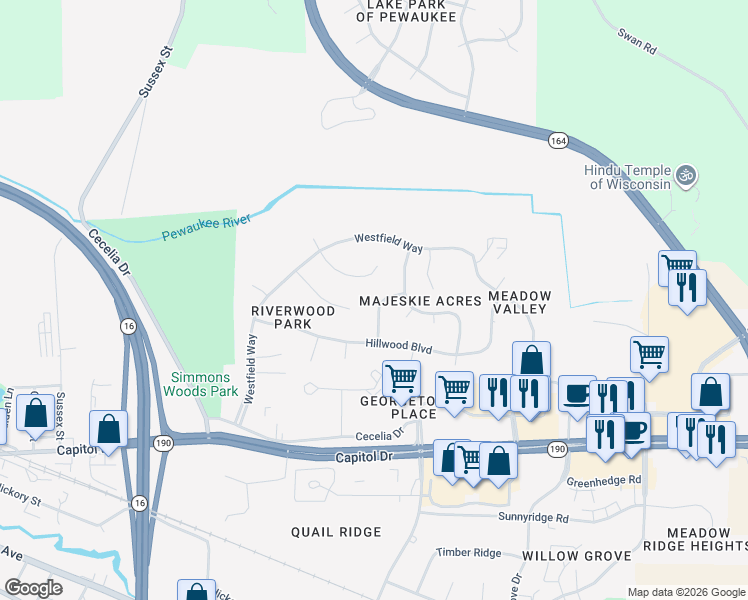 map of restaurants, bars, coffee shops, grocery stores, and more near 339 Jonathan Drive in Pewaukee