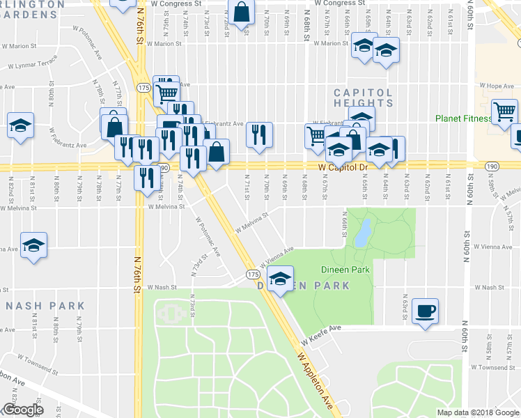 map of restaurants, bars, coffee shops, grocery stores, and more near 3909 North 70th Street in Milwaukee