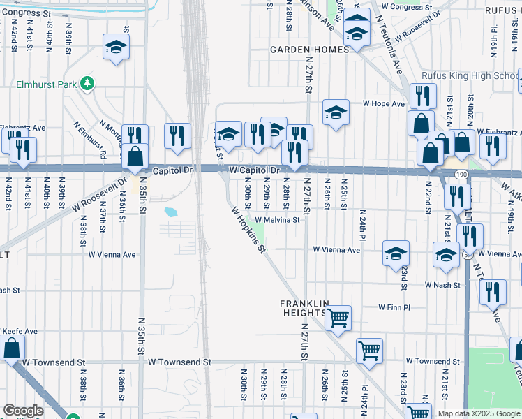 map of restaurants, bars, coffee shops, grocery stores, and more near 2832 West Melvina Street in Milwaukee
