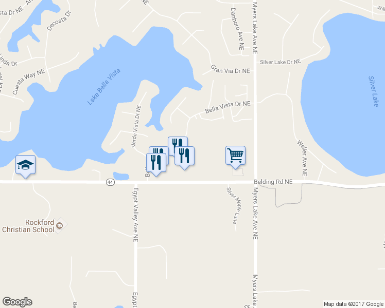 map of restaurants, bars, coffee shops, grocery stores, and more near 6581 Belding Road Northeast in Rockford