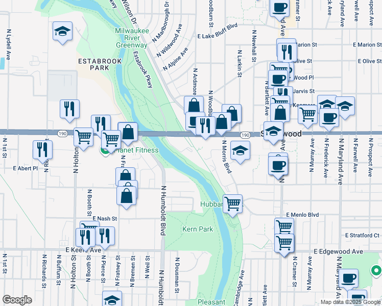 map of restaurants, bars, coffee shops, grocery stores, and more near 3900 Estabrook Parkway in Shorewood