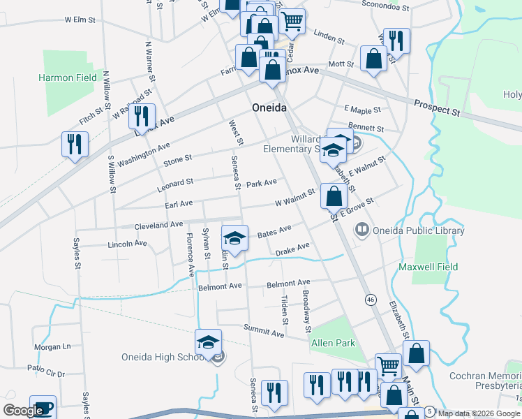 map of restaurants, bars, coffee shops, grocery stores, and more near 411-413 Seneca Street in Oneida