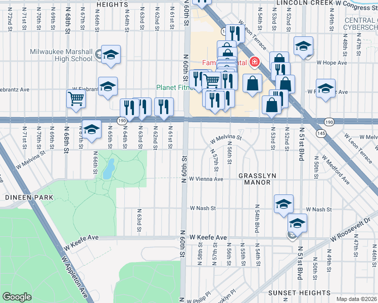 map of restaurants, bars, coffee shops, grocery stores, and more near 3857 North 60th Street in Milwaukee
