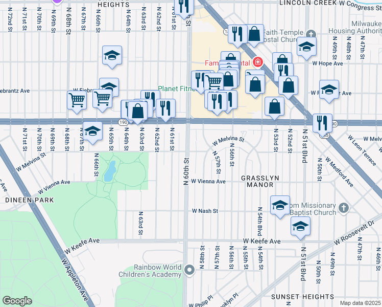 map of restaurants, bars, coffee shops, grocery stores, and more near 3878 North 60th Street in Milwaukee
