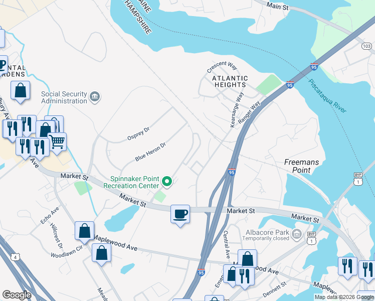 map of restaurants, bars, coffee shops, grocery stores, and more near 102 Spinnaker Way in Portsmouth