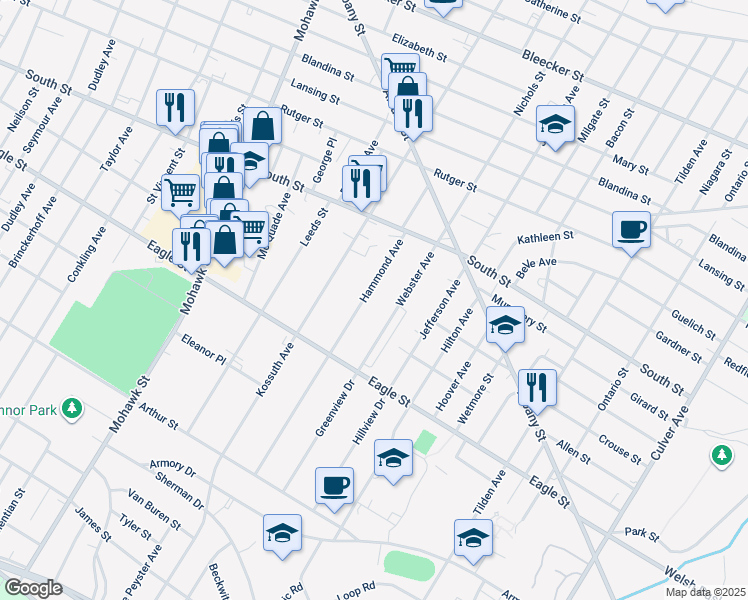 map of restaurants, bars, coffee shops, grocery stores, and more near 1147 Hammond Avenue in Utica
