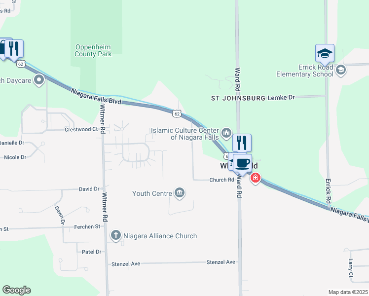 map of restaurants, bars, coffee shops, grocery stores, and more near 6934 Maple Drive in North Tonawanda