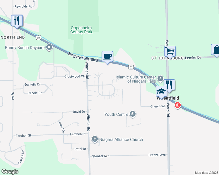 map of restaurants, bars, coffee shops, grocery stores, and more near 2731 Alder Creek Drive North in North Tonawanda