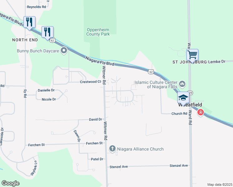 map of restaurants, bars, coffee shops, grocery stores, and more near 2712 Alder Creek Drive South in North Tonawanda