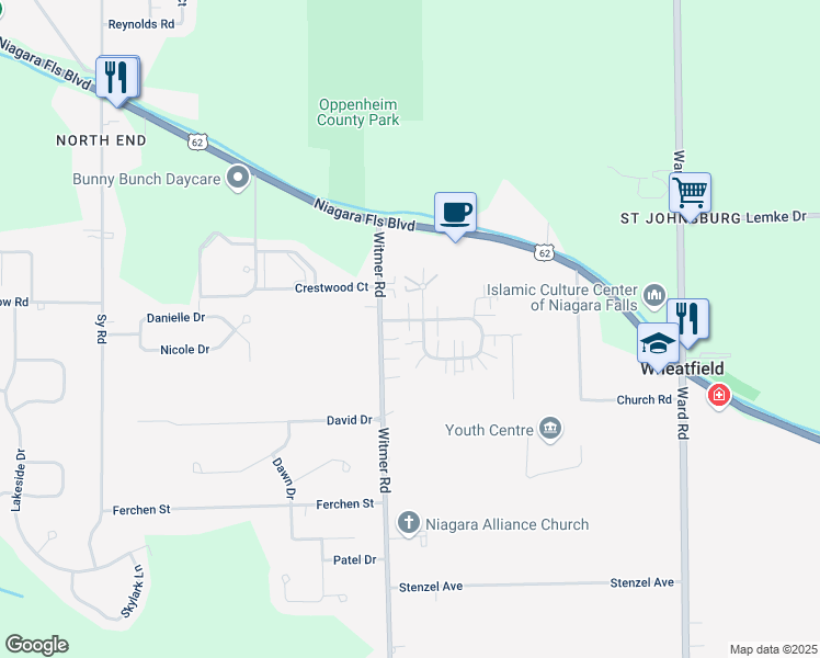 map of restaurants, bars, coffee shops, grocery stores, and more near 2712 Alder Creek Drive South in North Tonawanda