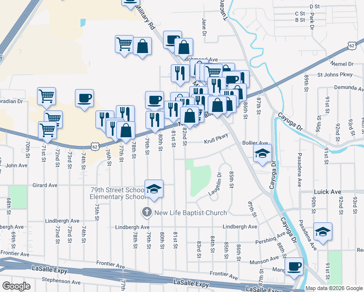 map of restaurants, bars, coffee shops, grocery stores, and more near 712 82nd Street in Niagara Falls