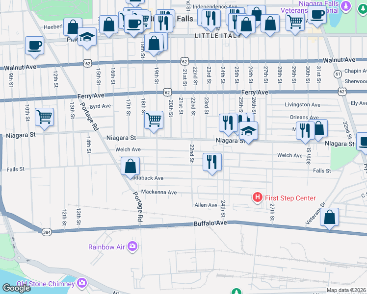 map of restaurants, bars, coffee shops, grocery stores, and more near 1963 Welch Avenue in Niagara Falls