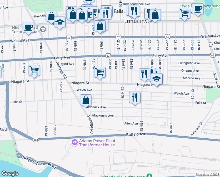 map of restaurants, bars, coffee shops, grocery stores, and more near 1932 Falls Street in Niagara Falls