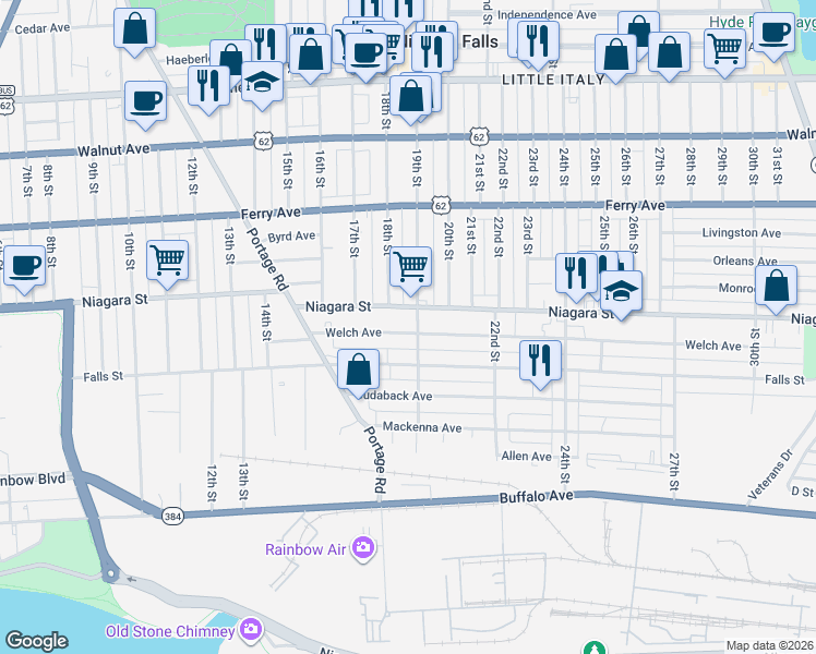 map of restaurants, bars, coffee shops, grocery stores, and more near 1793 Welch Avenue in Niagara Falls