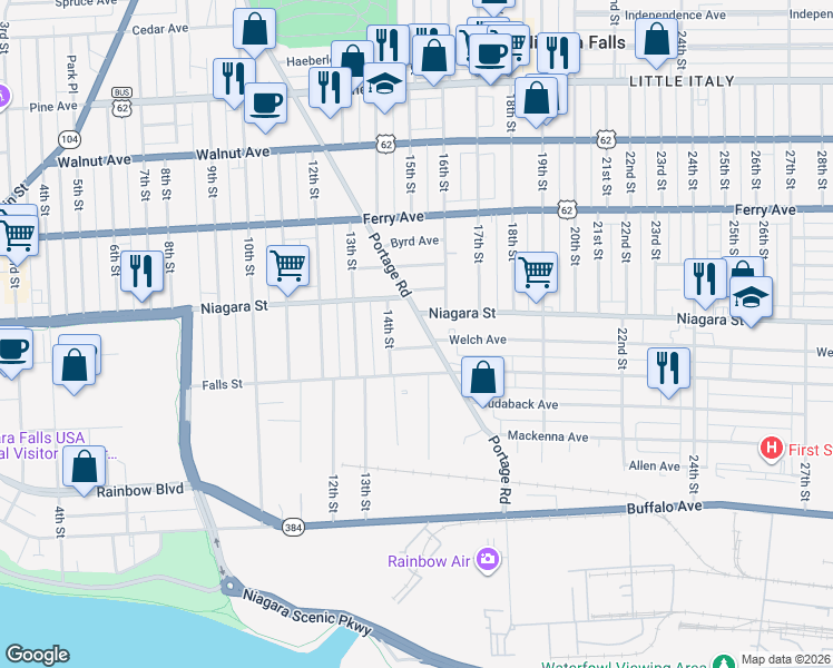 map of restaurants, bars, coffee shops, grocery stores, and more near 1421 Robinson Court in Niagara Falls