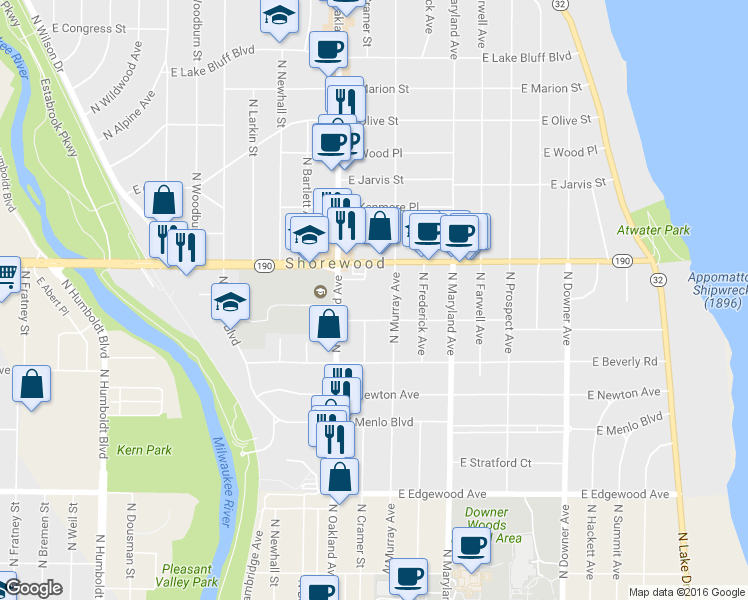 map of restaurants, bars, coffee shops, grocery stores, and more near 1906 East Shorewood Boulevard in Milwaukee