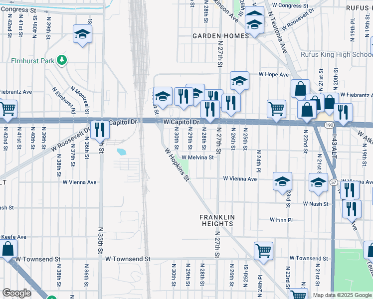map of restaurants, bars, coffee shops, grocery stores, and more near 2832 West Melvina Street in Milwaukee