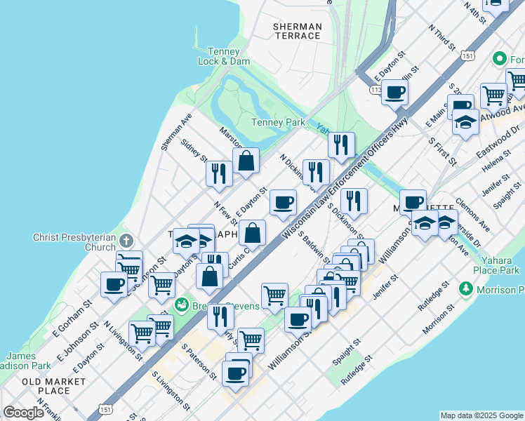 map of restaurants, bars, coffee shops, grocery stores, and more near 1220 East Mifflin Street in Madison