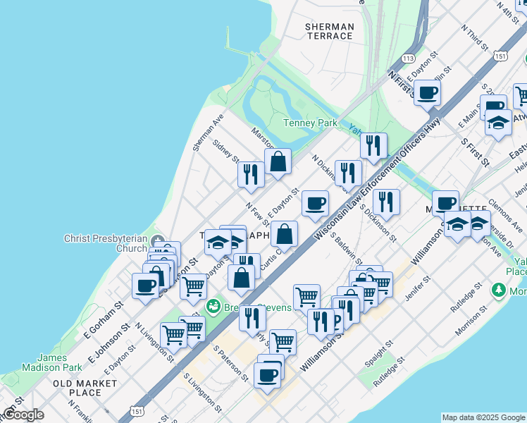 map of restaurants, bars, coffee shops, grocery stores, and more near 1203 East Dayton Street in Madison