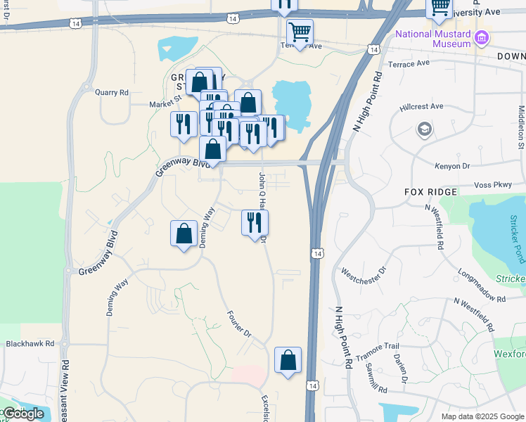 map of restaurants, bars, coffee shops, grocery stores, and more near 1300-1368 John Q Hammons Drive in Madison