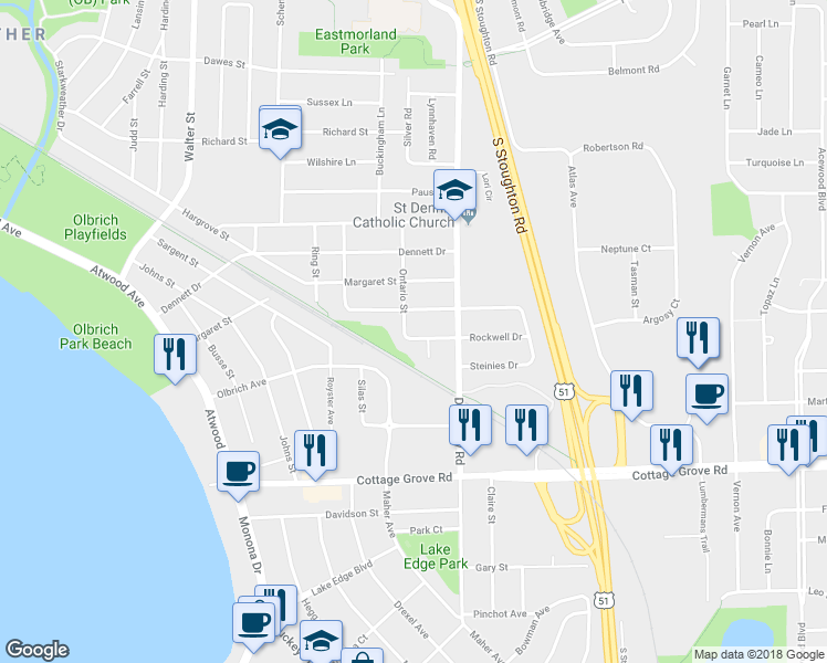 map of restaurants, bars, coffee shops, grocery stores, and more near 3906 Rockwell Drive in Madison