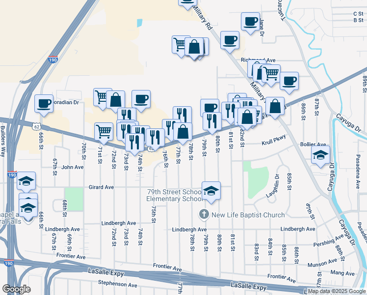 map of restaurants, bars, coffee shops, grocery stores, and more near 673 78th Street in Niagara Falls