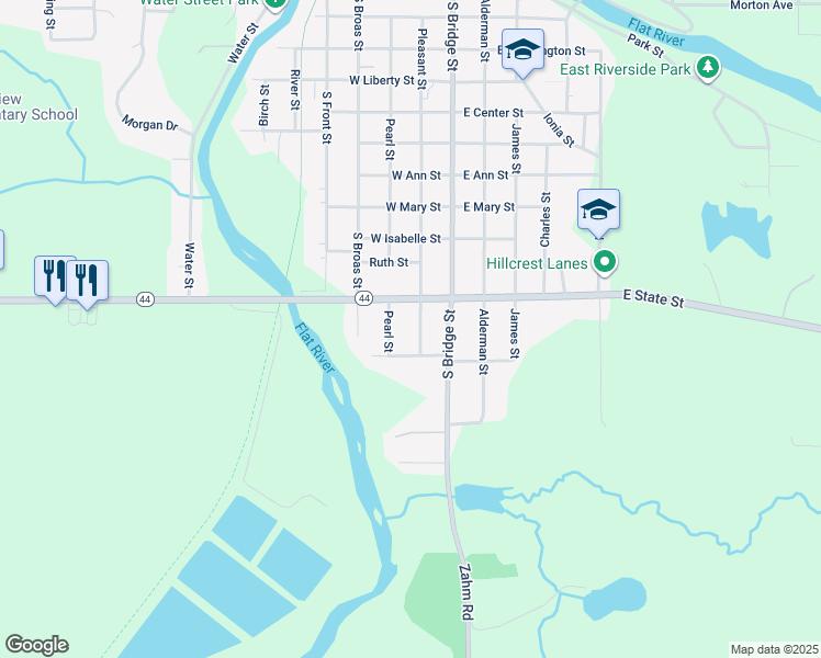 map of restaurants, bars, coffee shops, grocery stores, and more near 1029 Pleasant Street in Belding