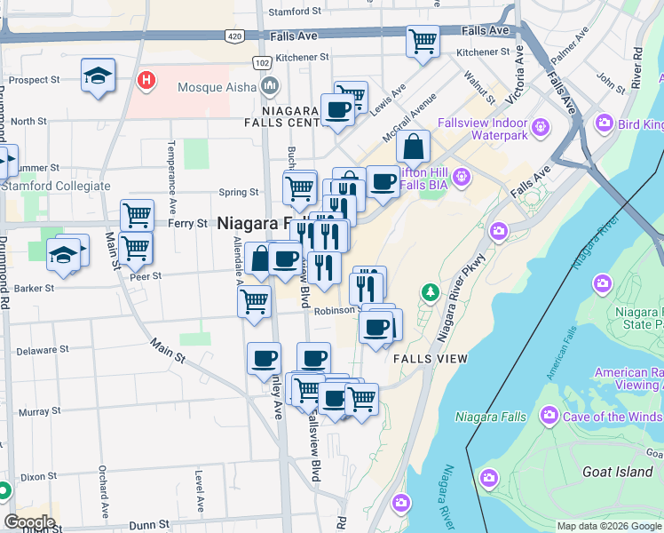 map of restaurants, bars, coffee shops, grocery stores, and more near 5983 Clark Avenue in Niagara Falls