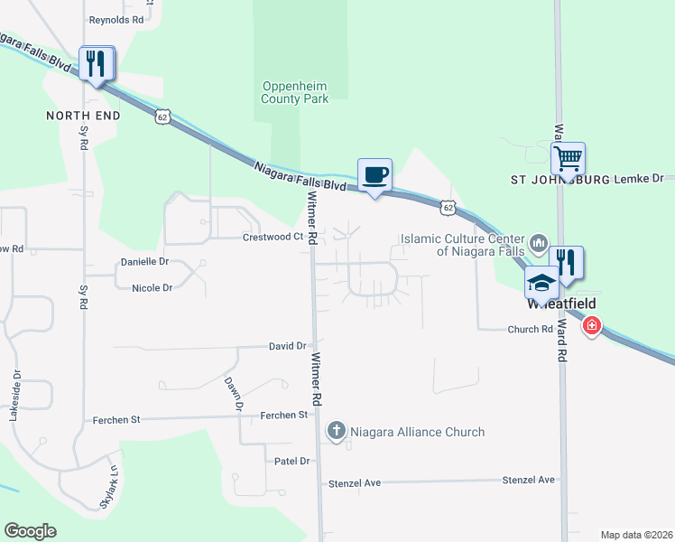 map of restaurants, bars, coffee shops, grocery stores, and more near 2712 Alder Creek Drive South in North Tonawanda