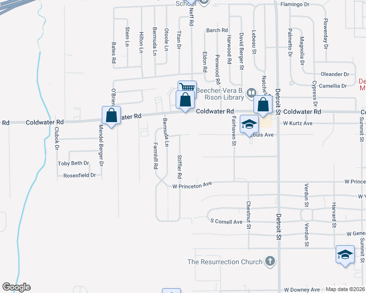 map of restaurants, bars, coffee shops, grocery stores, and more near 5444 Stiffler Road in Flint