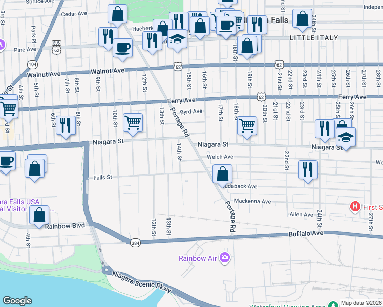 map of restaurants, bars, coffee shops, grocery stores, and more near 1421 Robinson Court in Niagara Falls