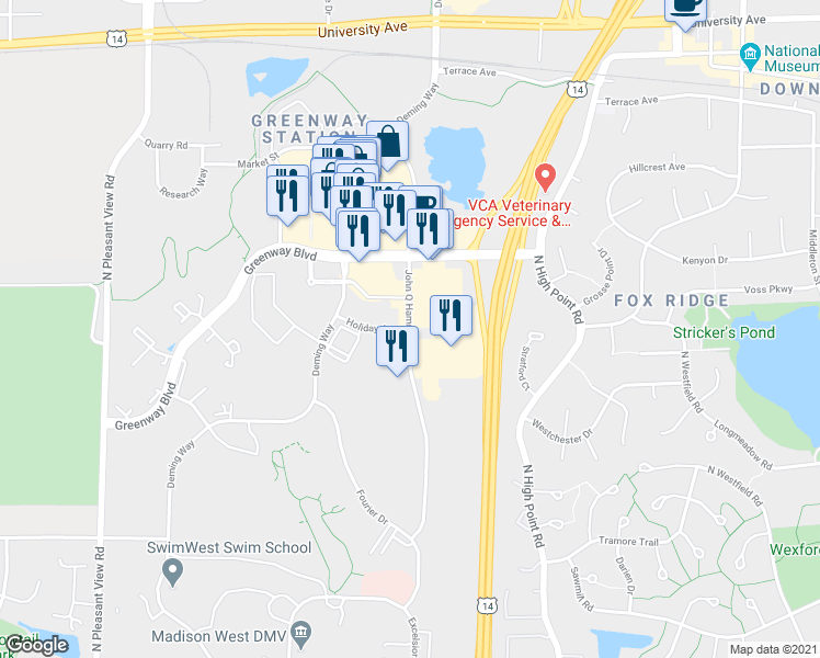 map of restaurants, bars, coffee shops, grocery stores, and more near 1368 John Q Hammons Drive in Madison