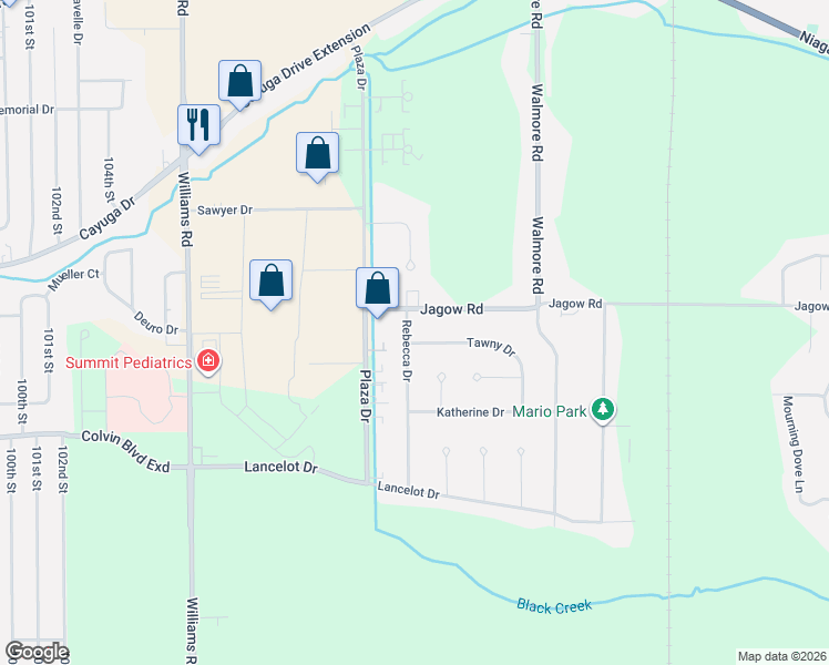 map of restaurants, bars, coffee shops, grocery stores, and more near 2192 Tawny Drive in Niagara Falls
