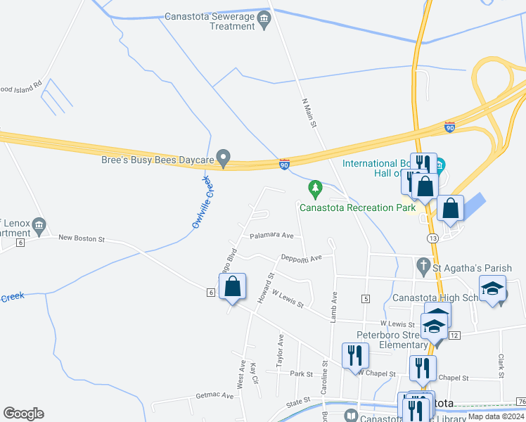 map of restaurants, bars, coffee shops, grocery stores, and more near 6 Sandy Lane in Canastota