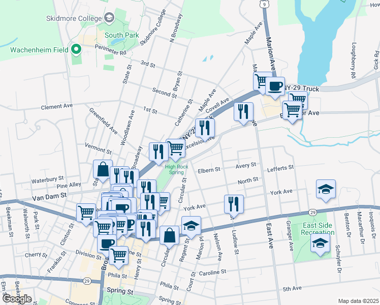 map of restaurants, bars, coffee shops, grocery stores, and more near in Saratoga Springs