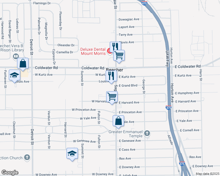 map of restaurants, bars, coffee shops, grocery stores, and more near Saginaw Street in Flint